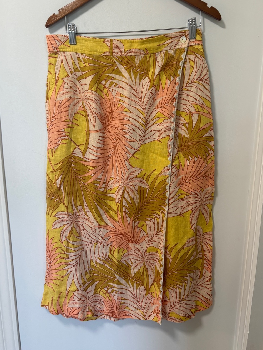 NWT Tahari 100% Linen Tropical Palm Print Wrap Skirt Tan Pink yellow Green Sz L